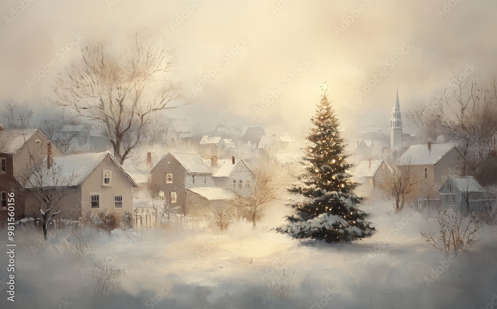 Naklejka premium Christmas Tree in a Misty Winter Village: Snow-Capped Homes and a Serene, Festive Cold Morning