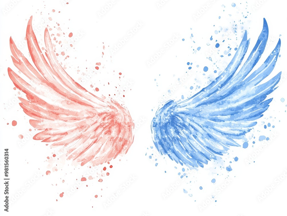 Naklejka premium Watercolor Angel Wings, Splashes of Color, Abstract Art, Pink and Blue, Watercolor, Wings, Abstract