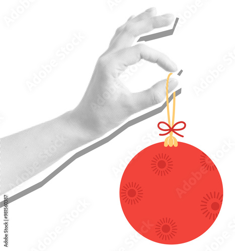 Vintage halftone collage Hand holding red Christmas ball