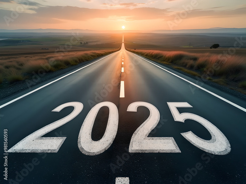 2025 text illustration with a long highway theme background.