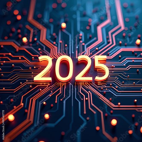 circuit board background with 2025 celebration text poster.