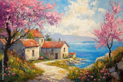 Seaside landscape showcasing a charming town, waves, flowers, in an artistic impression, summer coastal vista