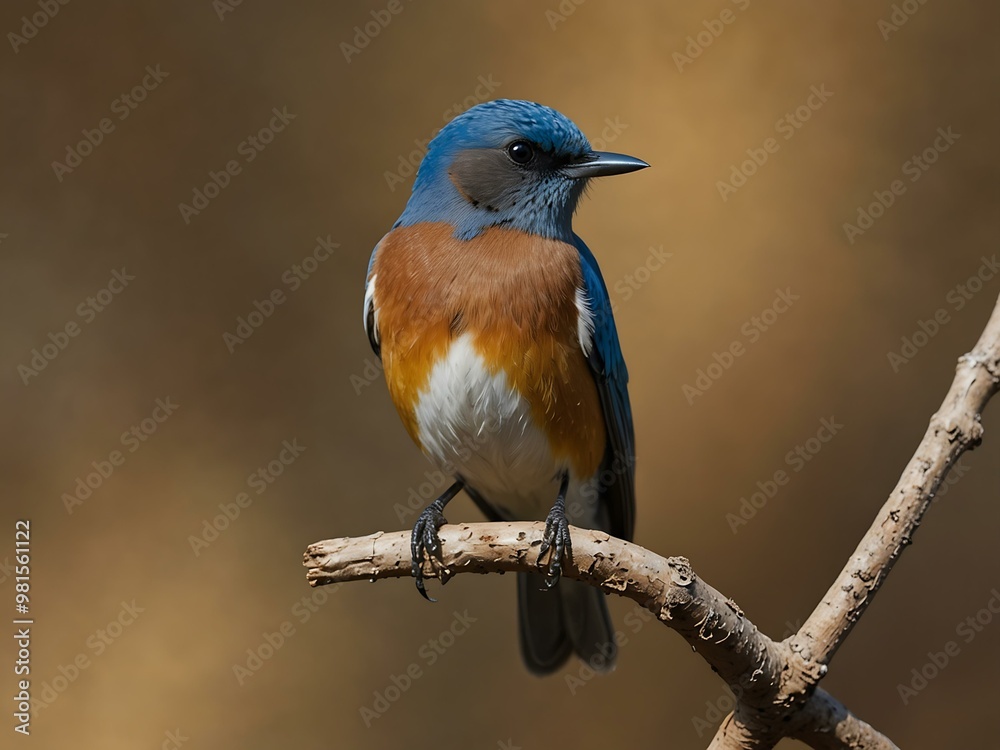 Small blue bird on a branch with a brown and yellow background. Small blue bird on a branch with a brown and yellow background.