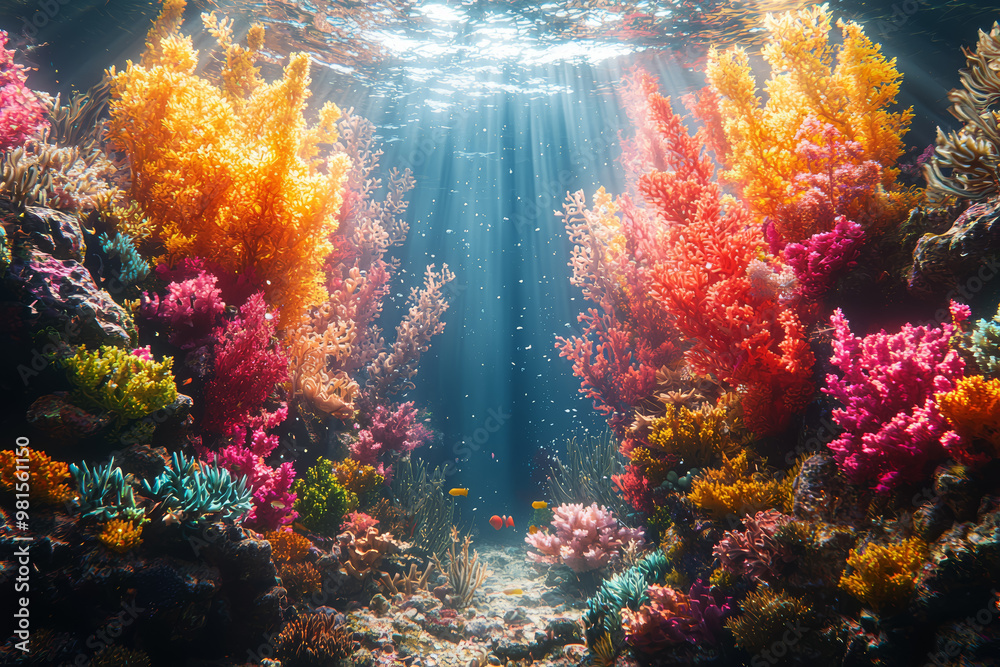 Obraz premium A vibrant and colorful coral reef teeming with marine life, showcasing the incredible biodiversity and beauty of underwater ecosystems.