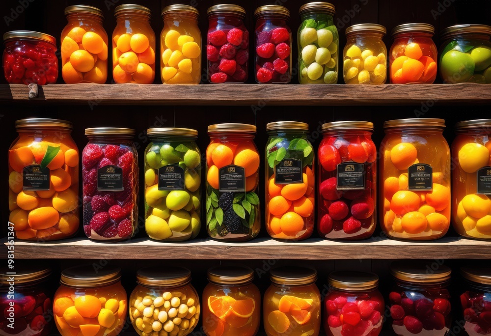 vibrant colorful jars preserved fruits displayed artfully attractive arrangement, glass, food, decor, bright, showcase, collection, ingredients, harvest vibrant colorful jars preserved fruits displayed artfully attractive arrangement, glass, food, decor, bright, showcase, collection, ingredients, harvest