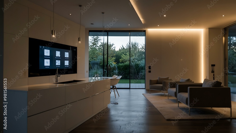 Smart home bathed in soft light with automated security. Smart home bathed in soft light with automated security.