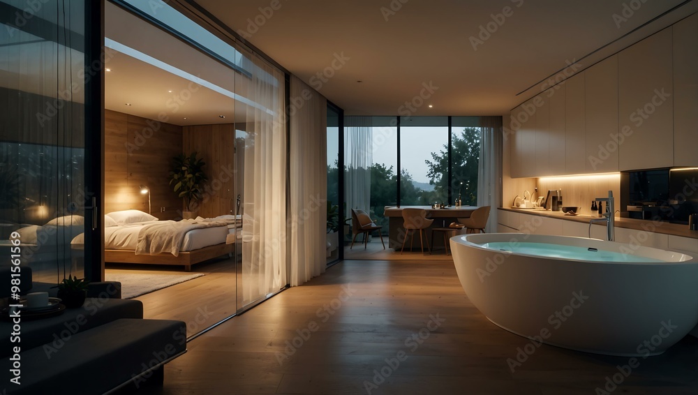 Smart home bathed in soft light with automated security. Smart home bathed in soft light with automated security.