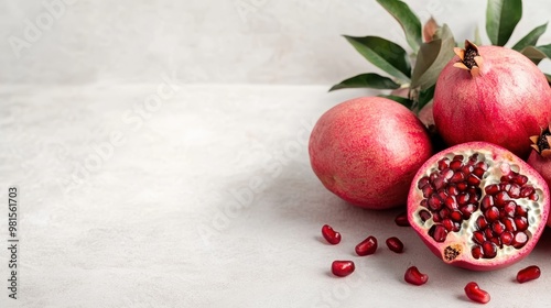 A ripe pomegranate, with its distinctive ruby-red seeds spilling out onto a white surface, emphasizing freshness and abundance in a vibrant and colorful composition. photo