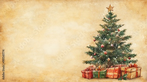 Watercolor Illustration of a Decorated Christmas Tree: Gifts and Festive Ornaments in a Nostalgic Holiday Scene on Yellowed, Textured Paper
