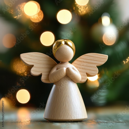 Wood figurine of an christmas angel in front of an bokeh background with a christmas tree. Generative AI --v 6.1 Job ID: ba93fc44-ae5e-4348-b8fd-e5cd4206f271 photo