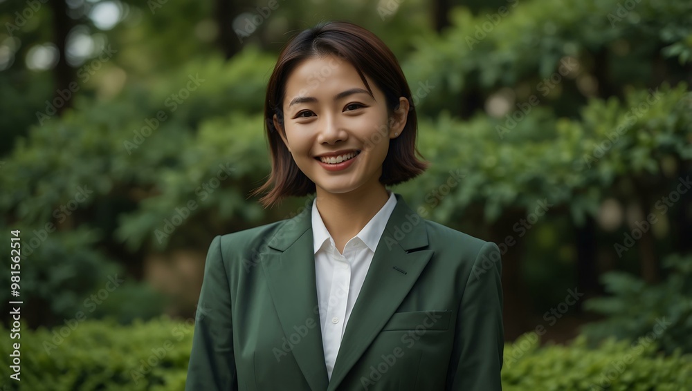 Smiling Japanese woman in a suit against fresh green Smiling Japanese woman in a suit against fresh green