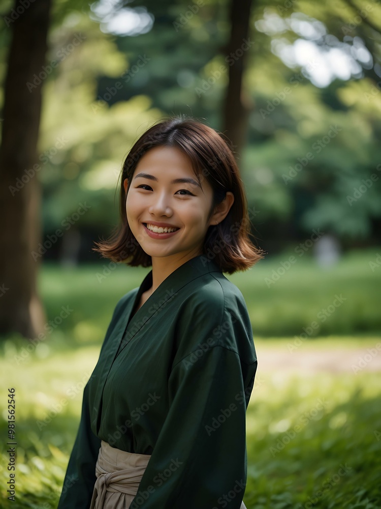 Smiling Japanese woman standing in a green, fresh setting. Smiling Japanese woman standing in a green, fresh setting.