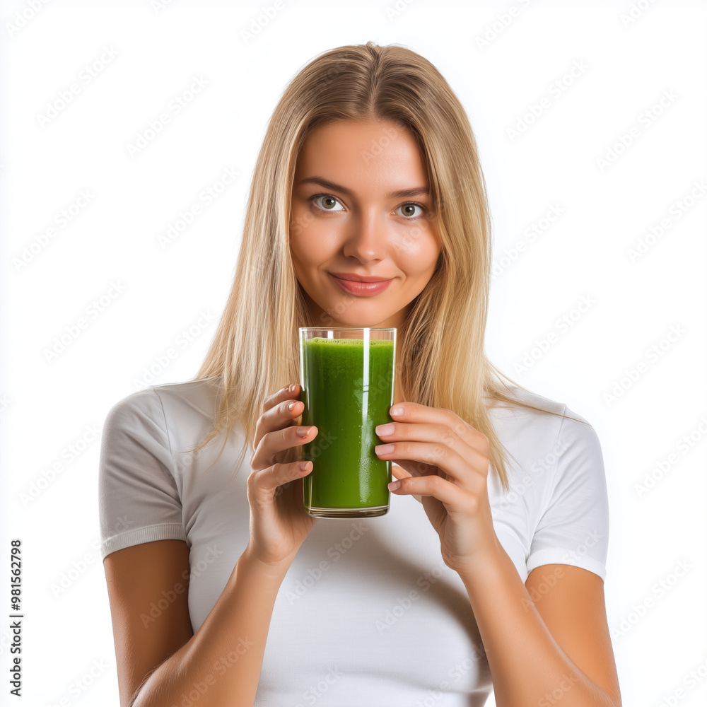 A young woman joyfully holds a tall glass of vibrant green smoothie in a bright, minimalist kitchen during the morning light A young woman joyfully holds a tall glass of vibrant green smoothie in a bright, minimalist kitchen during the morning light