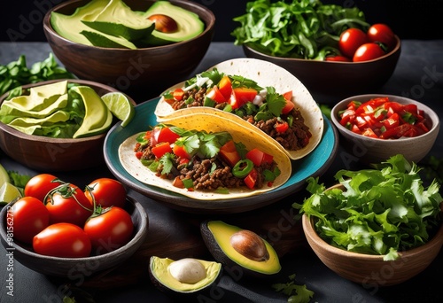 vibrant taco ingredients displayed colorful surface fresh tortillas mouthwatering culinary experience, vegetables, spices, cilantro, onion, tomato, avocado