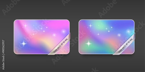 Holographic gradient ribbon and label vector design on card mockup. Chrome gradient ribbon, shinny tag, glossy label. Promotion sale decoration smooth metal surface. illustration vector premium.