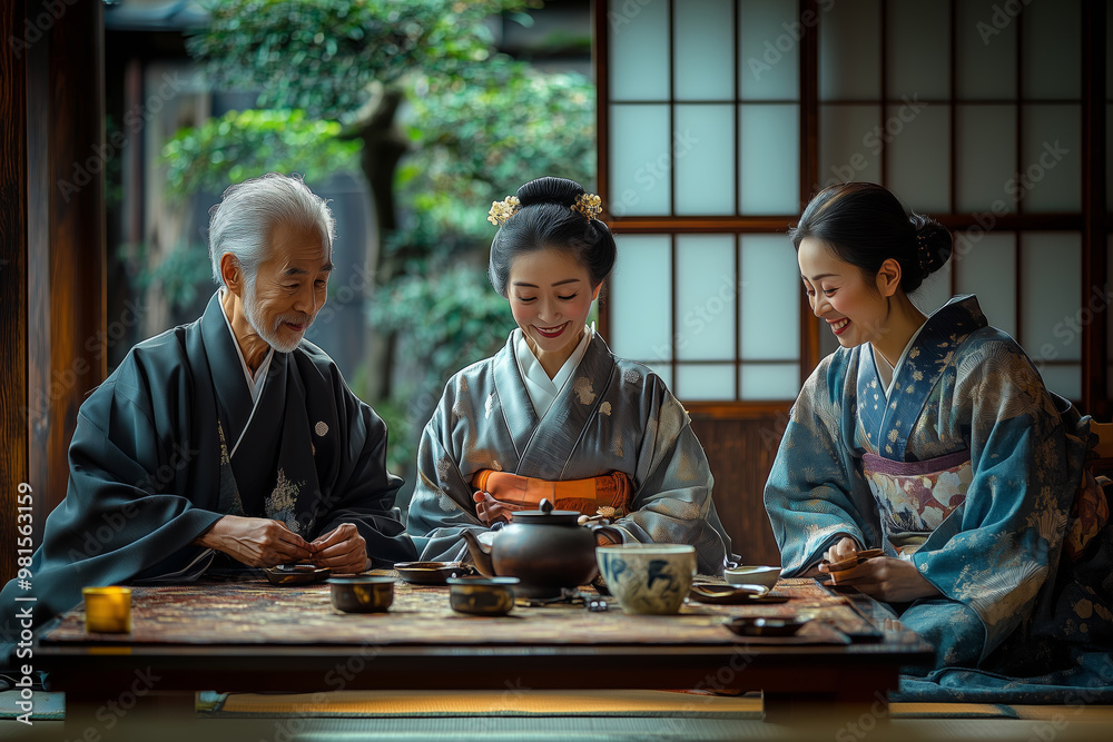 A serene afternoon tea ceremony in a traditional Japanese setting ...