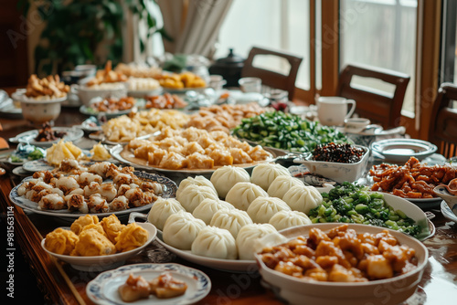 A vibrant table bursting with various dishes celebrates a joyous family reunion on a festive evening photo