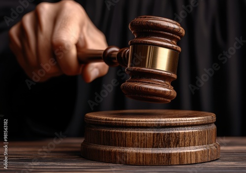 A judge prepares to bring down the gavel on a wooden block in a dark courtroom setting