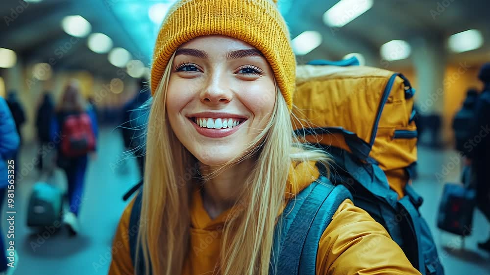 A cheerful traveler with a warm beanie showcases her bright smile in a bustling train station filled with other commuters during winter. A cheerful traveler with a warm beanie showcases her bright smile in a bustling train station filled with other commuters during winter.