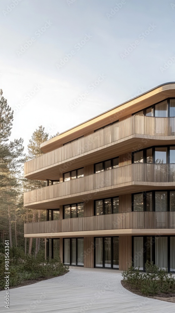 Fototapeta premium A contemporary wooden apartment building stands surrounded by greenery, illuminated by the soft, warm light of the setting sun, enhancing the tranquil setting of the outdoors.
