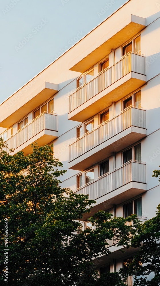 Fototapeta premium A contemporary wooden apartment building stands surrounded by greenery, illuminated by the soft, warm light of the setting sun, enhancing the tranquil setting of the outdoors