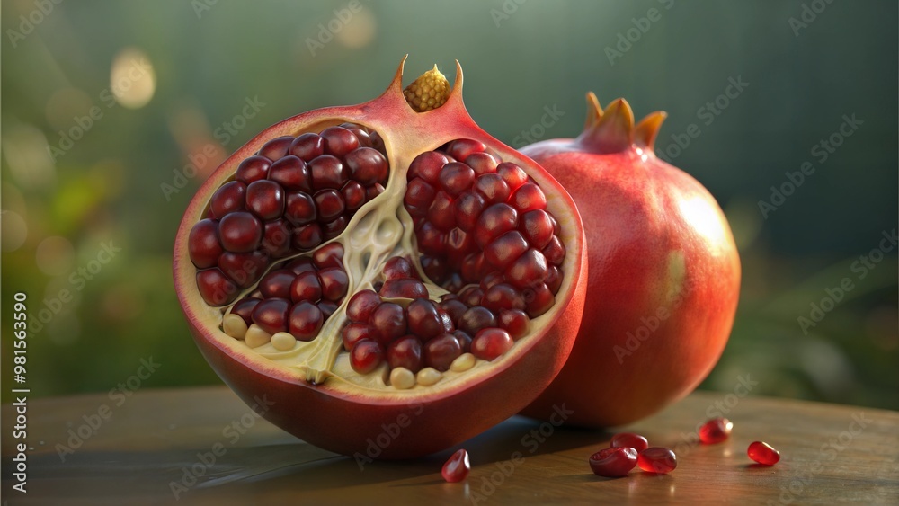 Open pomegranate fruit showcasing juicy seeds on a rustic wooden surface in a garden setting Open pomegranate fruit showcasing juicy seeds on a rustic wooden surface in a garden setting