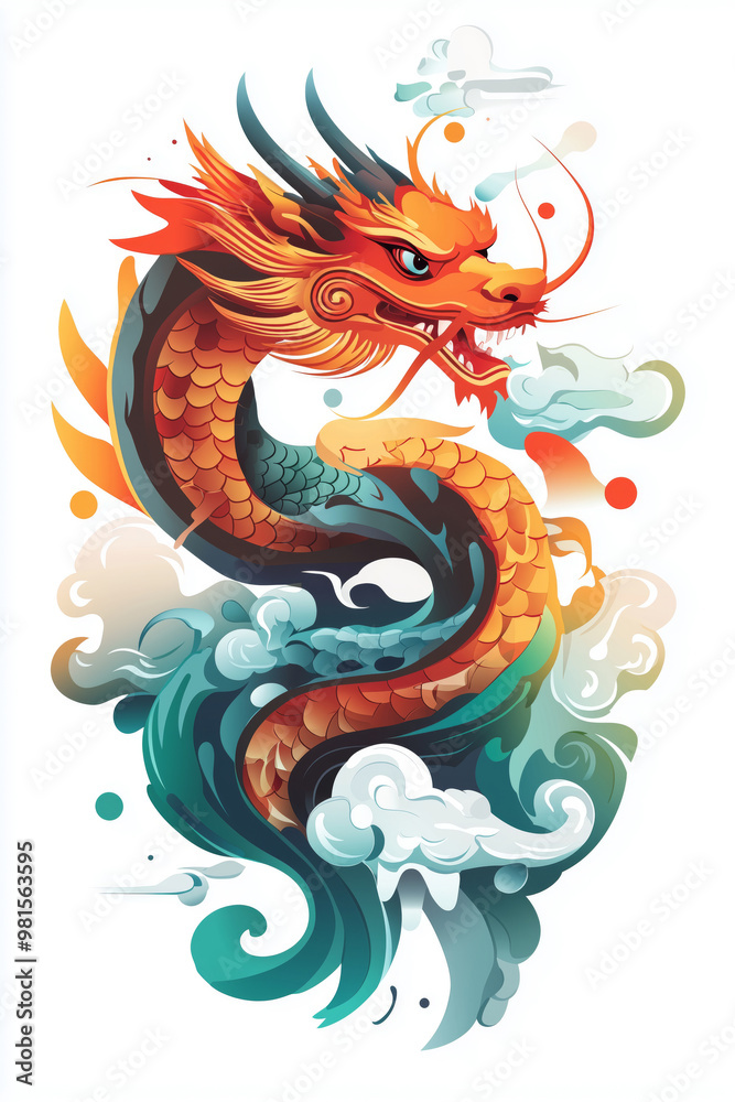 A vibrant Chinese dragon coiling through colorful clouds with a fierce gaze, evoking ancient myths and joyful celebrations A vibrant Chinese dragon coiling through colorful clouds with a fierce gaze, evoking ancient myths and joyful celebrations