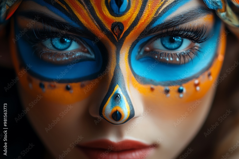Woman with vibrant tribal face paint and piercing blue eyes Woman with vibrant tribal face paint and piercing blue eyes