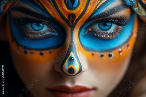 Woman with vibrant tribal face paint and piercing blue eyes photo