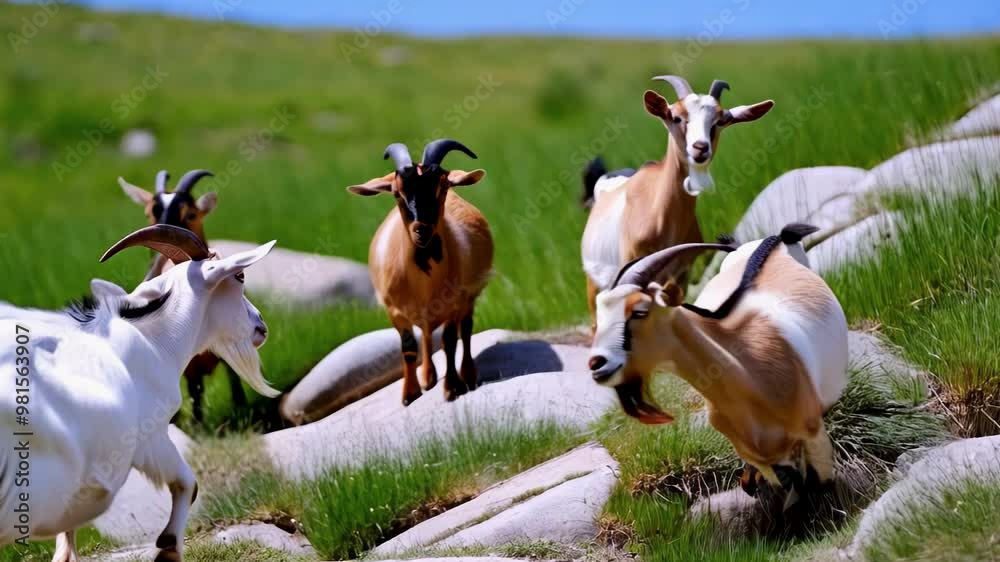 Goats running freely through lush grasslands and rocky terrain in a scenic outdoor location Goats running freely through lush grasslands and rocky terrain in a scenic outdoor location