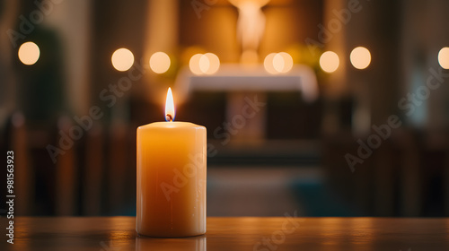 Lit Candle with Church in the Background | Serene Spiritual Atmosphere and Religious Symbolism