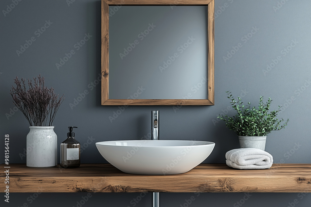 Elegant gray bathroom sink resting on a rustic wooden shelf along with a mirror and lush greenery creating a serene atmosphere Elegant gray bathroom sink resting on a rustic wooden shelf along with a mirror and lush greenery creating a serene atmosphere