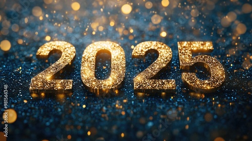 Sparkling Golden 2025 New Year Celebration with Glittering Lights and Festive Atmosphere