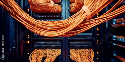 Orange data cables neatly arranged in server rack, close-up view photo