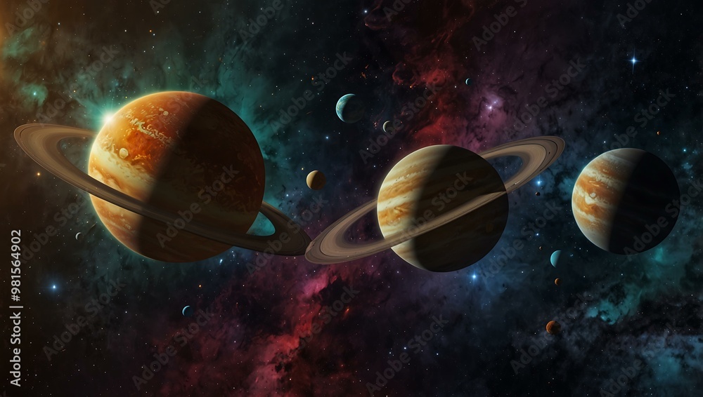 Solar system poster featuring planets, nebulae, and stars. Solar system poster featuring planets, nebulae, and stars.