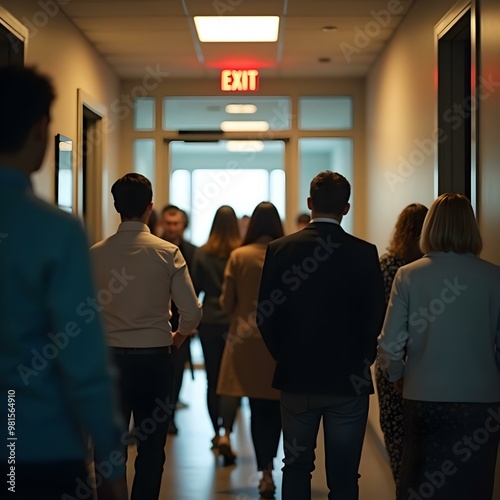 Calm Office Worker Leading Group to Emergency Exit During Fire Drill – Wide Angle View of Safe Evacuation with Exit Sign