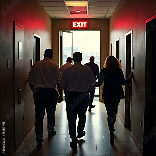 Calm Office Worker Leading Group to Emergency Exit During Fire Drill – Wide Angle View of Safe Evacuation with Exit Sign