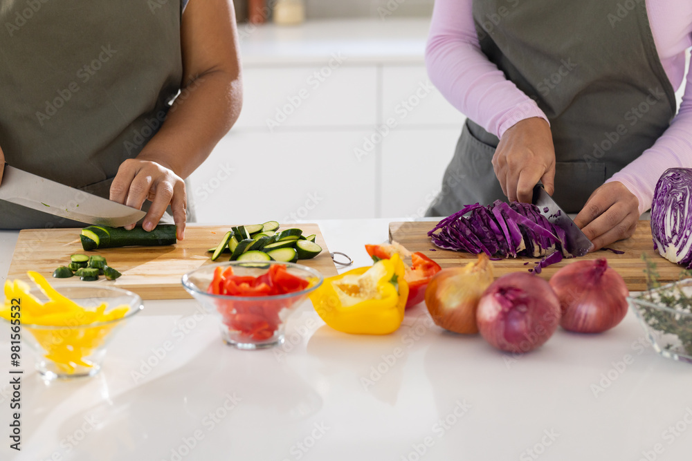 Chopping vegetables, two people preparing fresh ingredients in kitchen together Chopping vegetables, two people preparing fresh ingredients in kitchen together
