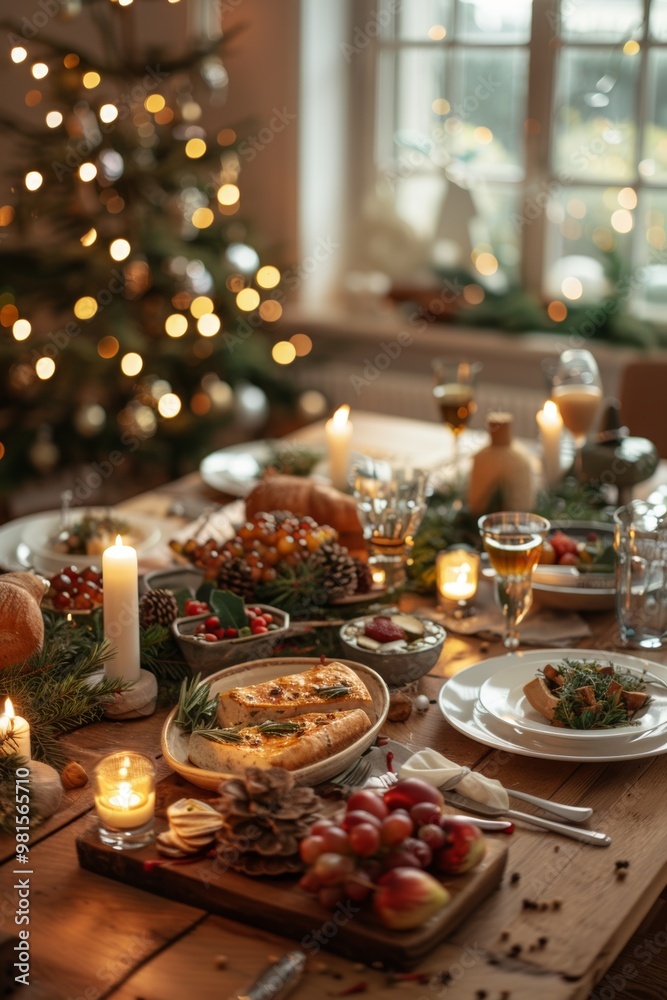 Christmas Dinner table full of dishes with food and snacks, New Year's decor with a Christmas tree on the background. Christmas Dinner table full of dishes with food and snacks, New Year's decor with a Christmas tree on the background.