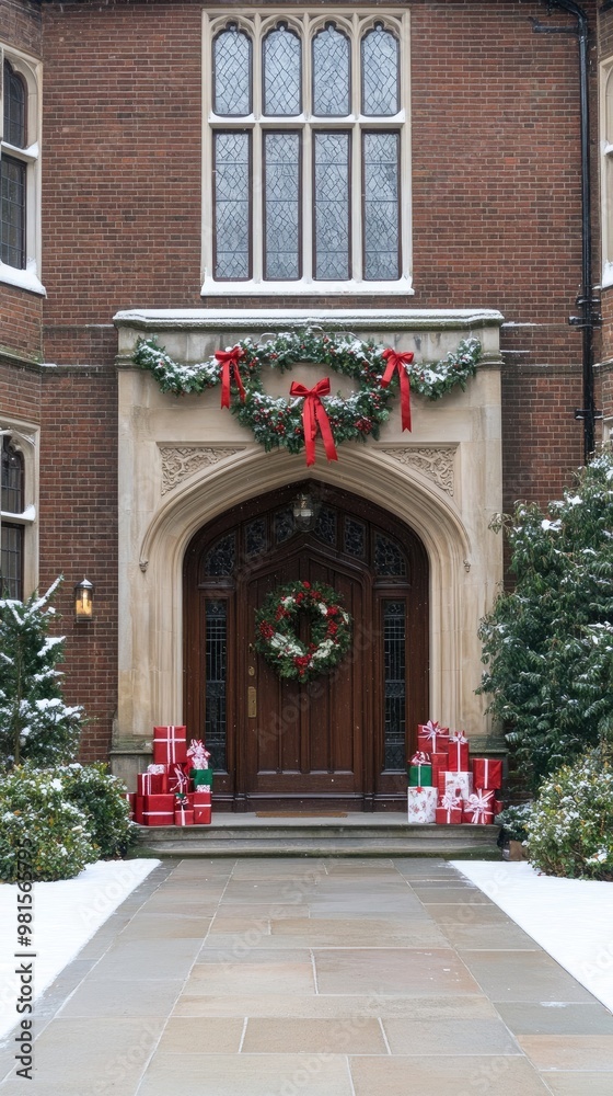 The charming front door of a dark brick English house is beautifully decorated with Christmas wreaths and red ribbons. Presents are arranged on either side against a snowy backdrop The charming front door of a dark brick English house is beautifully decorated with Christmas wreaths and red ribbons. Presents are arranged on either side against a snowy backdrop