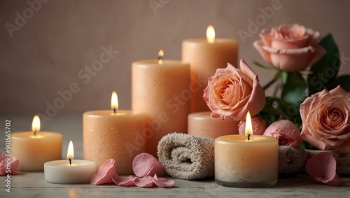 Spa setting with pink candles and rose flowers, soft peachy tones.