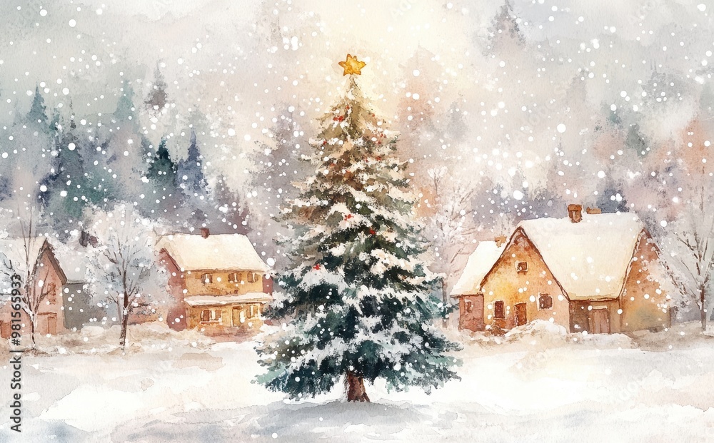 Watercolor Illustration of a Christmas Tree in a Snowy Village: Celebrating Winter Traditions with Charming Houses and Soft Snow Watercolor Illustration of a Christmas Tree in a Snowy Village: Celebrating Winter Traditions with Charming Houses and Soft Snow
