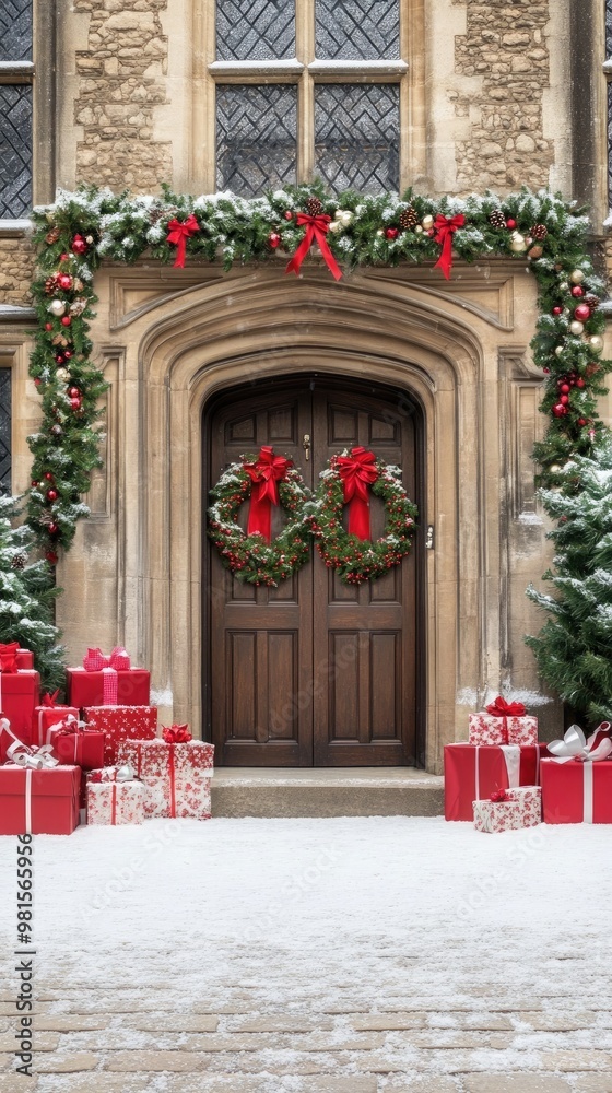 Fototapeta premium The charming front door of a dark brick English house is beautifully decorated with Christmas wreaths and red ribbons. Presents are arranged on either side against a snowy backdrop