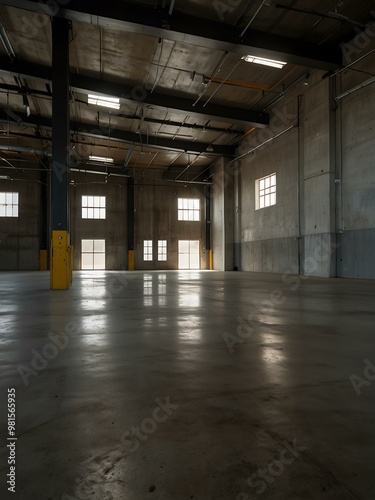 Spacious industrial interior with polished concrete floor and dramatic lighting.