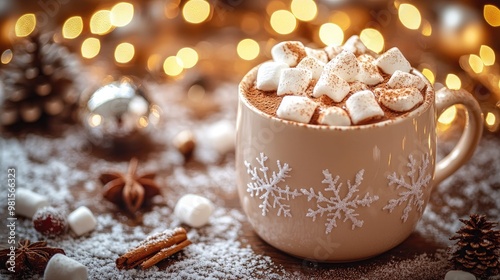 Cozy Winter Hot Chocolate with Marshmallows and Holiday Decorations