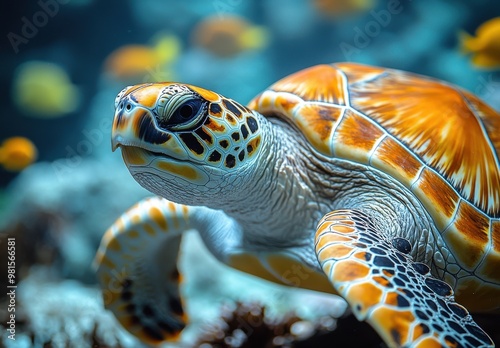 A turtle gracefully swims in a vibrant aquarium surrounded by colorful fish in a serene underwater environment photo