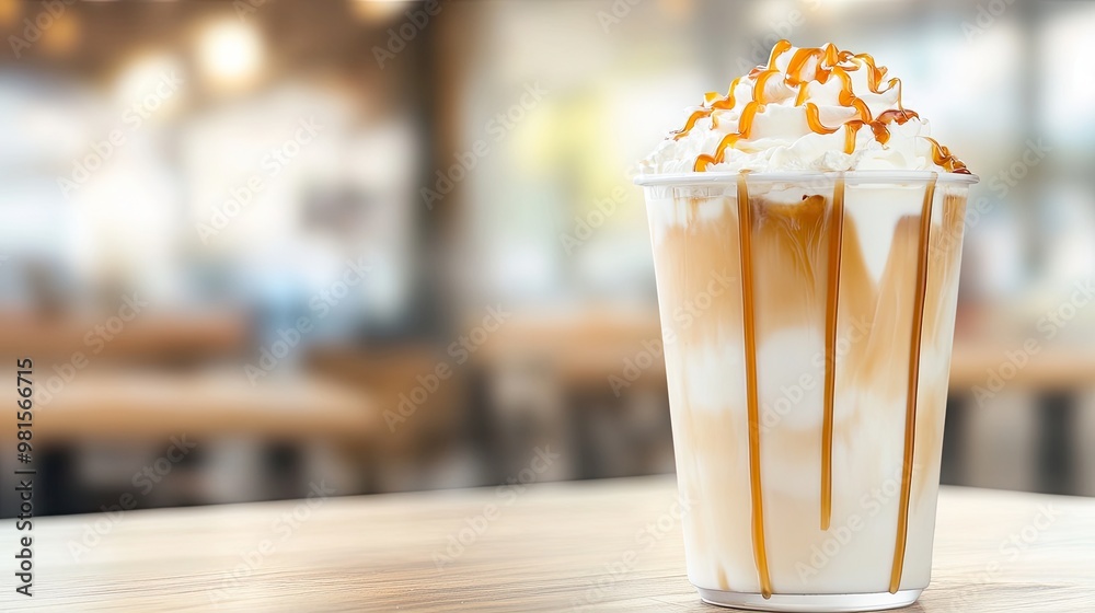 A caramel macchiato in a glass showcases creamy milk foam and rich syrup drizzles, elegantly placed on a polished wood table in a cozy coffee shop A caramel macchiato in a glass showcases creamy milk foam and rich syrup drizzles, elegantly placed on a polished wood table in a cozy coffee shop