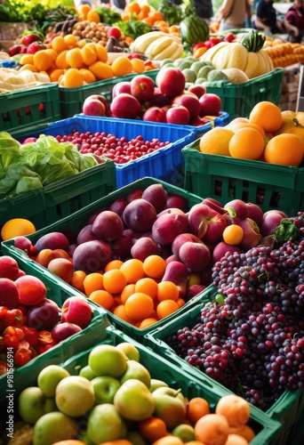 vibrant food donation station featuring colorful bins overflowing fresh produce non perishable items brightly lit environment, community, charity photo