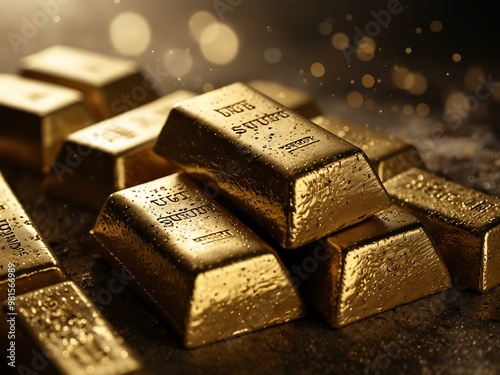 Stacked gold bars and shimmering dust, representing wealth and luxury.