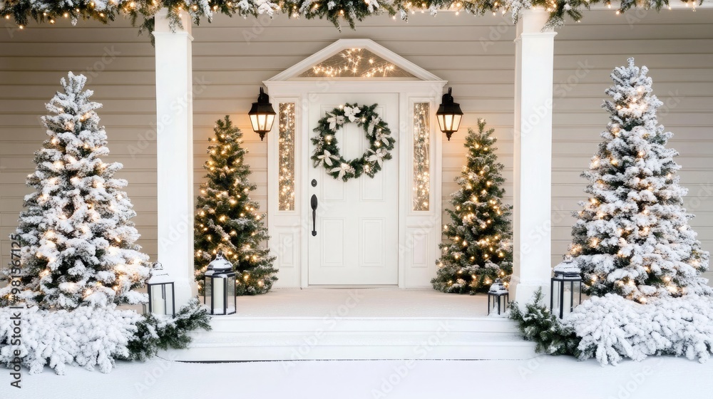 The white front door, decorated with a wreath and garland, stands proudly amidst two snowy Christmas trees, all surrounded by a winter wonderland of greenery and falling snow The white front door, decorated with a wreath and garland, stands proudly amidst two snowy Christmas trees, all surrounded by a winter wonderland of greenery and falling snow